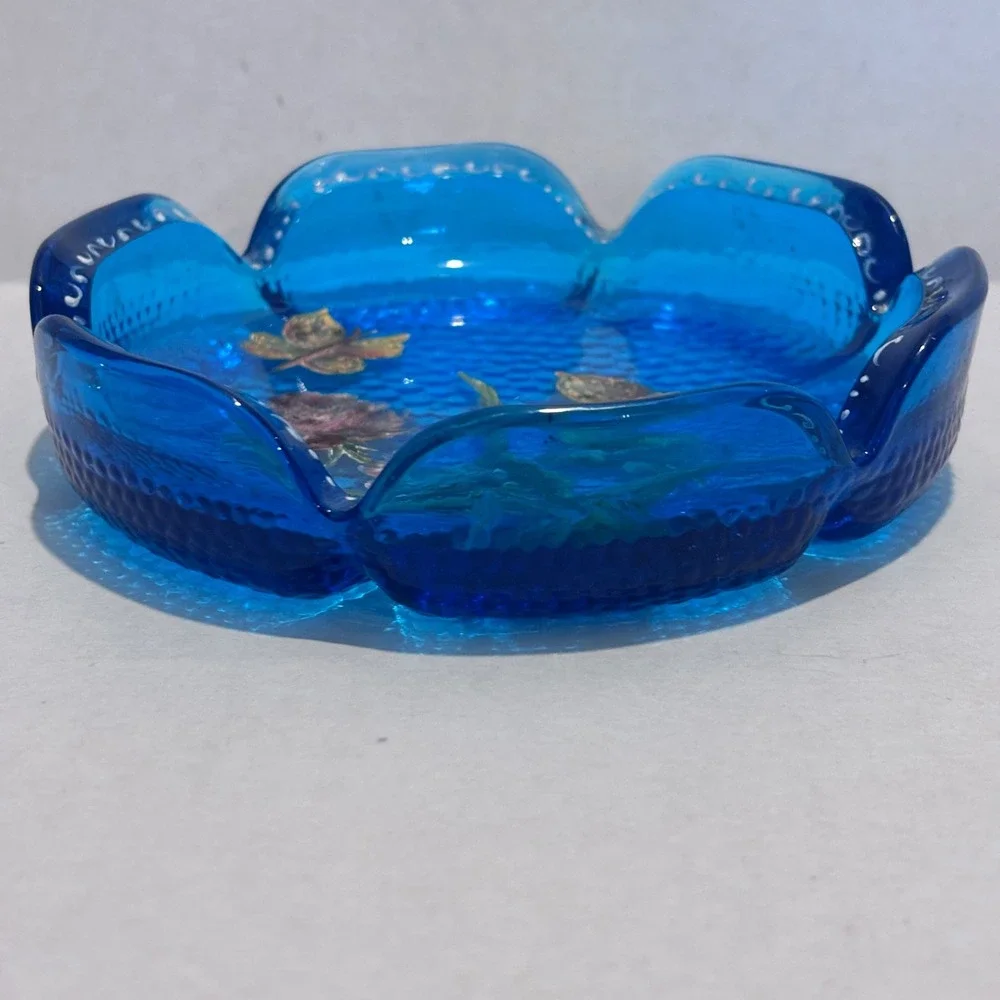 Vintage Blue‎ Glass Ash Tray Hand Painted Butterflies Floral Scalloped Edge